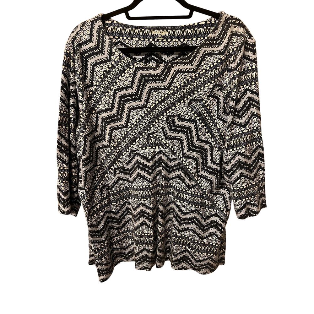 Kim Rogers Navy White Geometric Print Top 1X 100% Cotton Short Sleeve